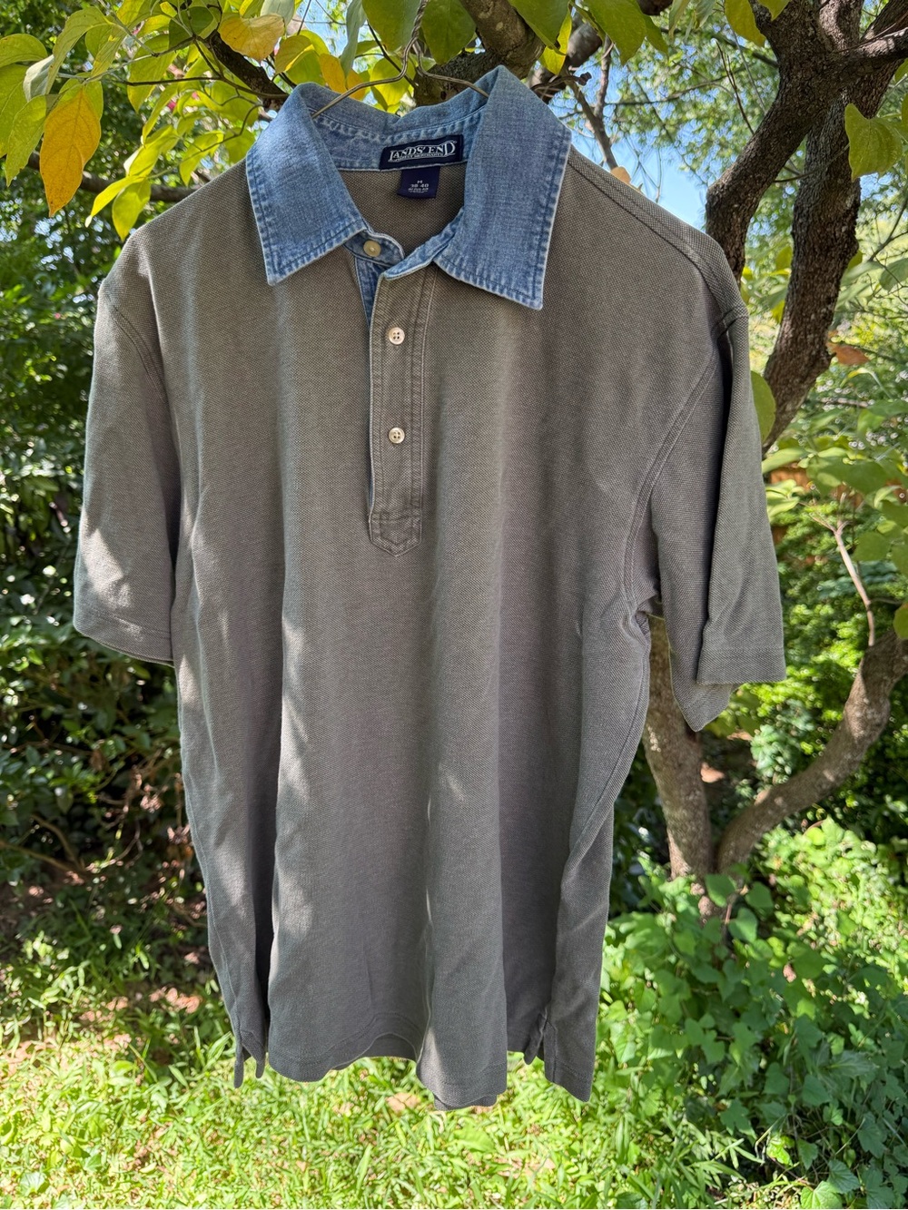 Vintage Lands' End Men's Gray Polo with Denim Collar